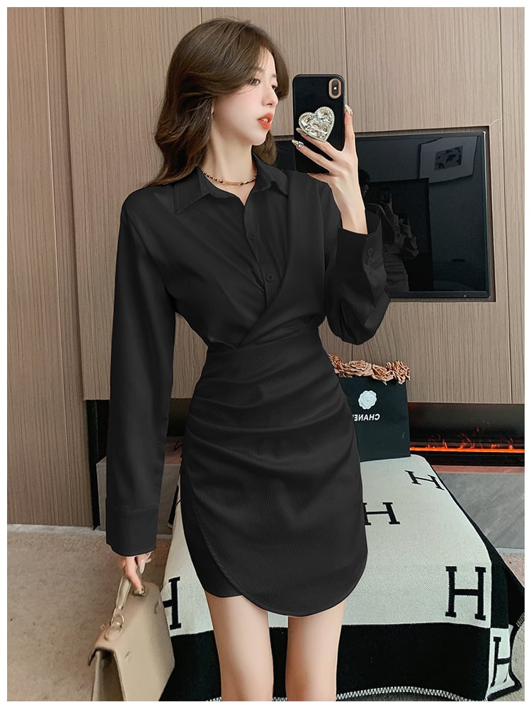 【dress】シンプルVネック通勤風シャツワンピース　M17674