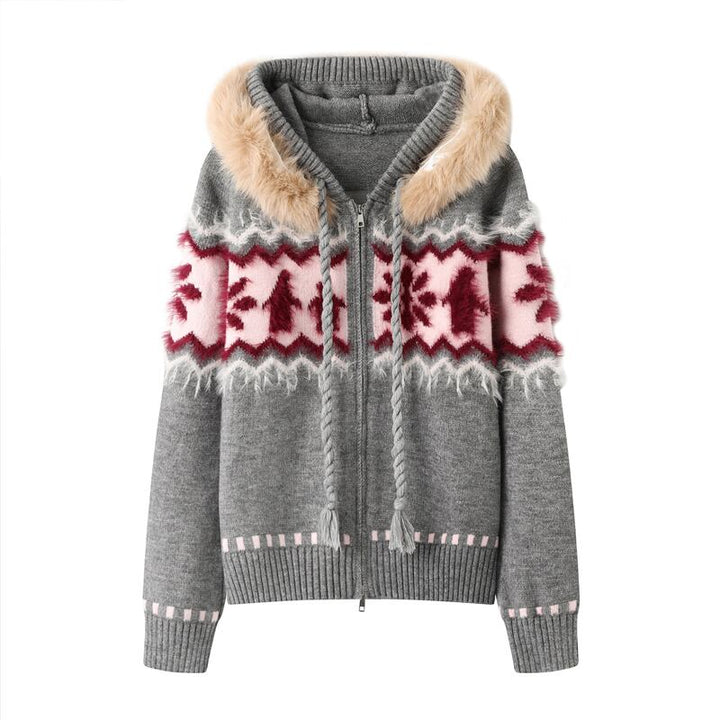 【outer】ファー付きニットカーディガン Q7129