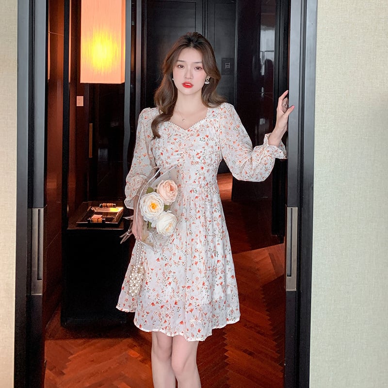 【dress】パフスリーブスウィート花柄ワンピース　M17075