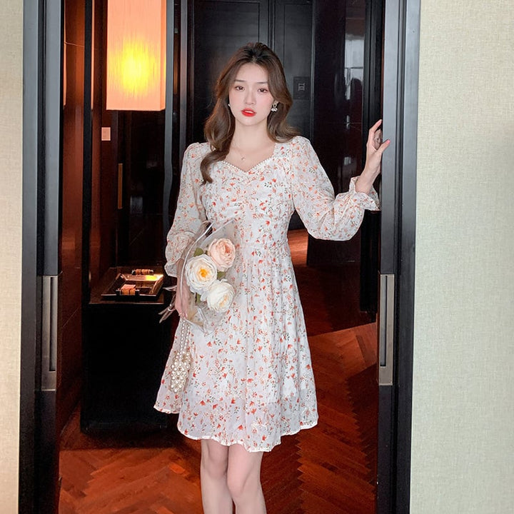 【dress】パフスリーブスウィート花柄ワンピース　M17075