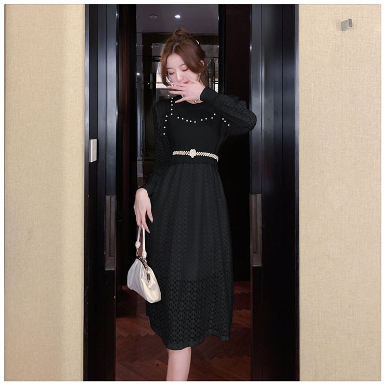 【dress】レースドッキングニットワンピース　M18431