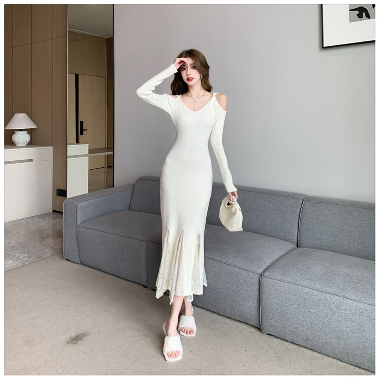 【dress】レースドッキングニットワンピース　M26551