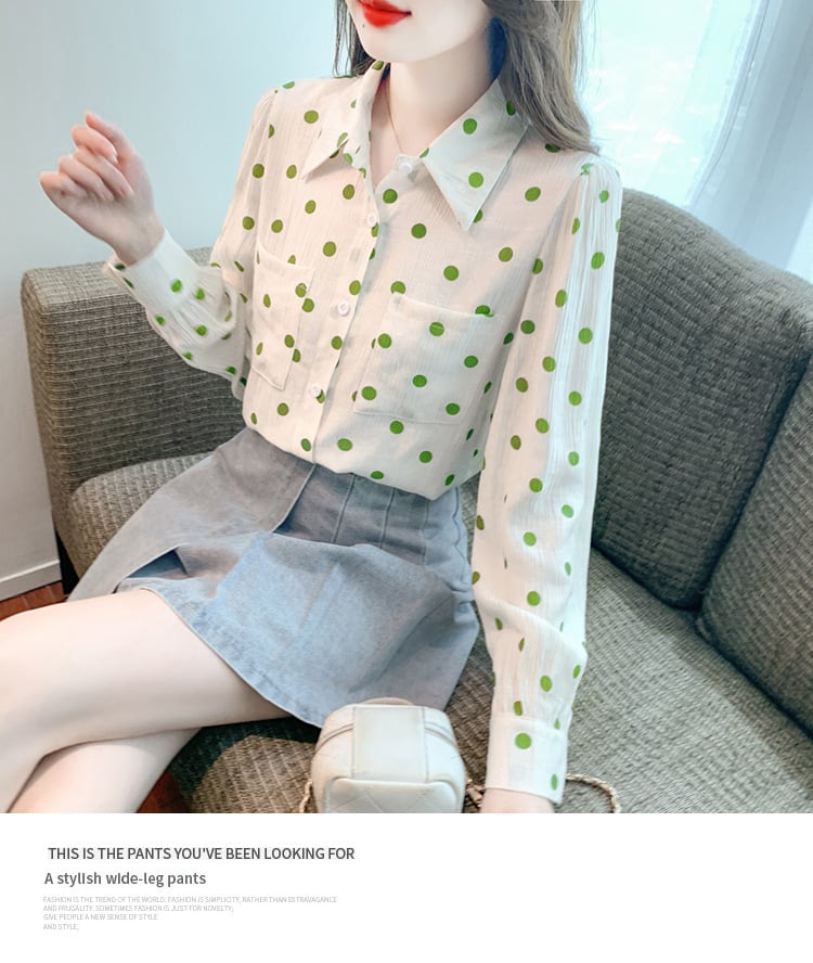 【tops】POLOネックドット柄シャツトップス　M17373
