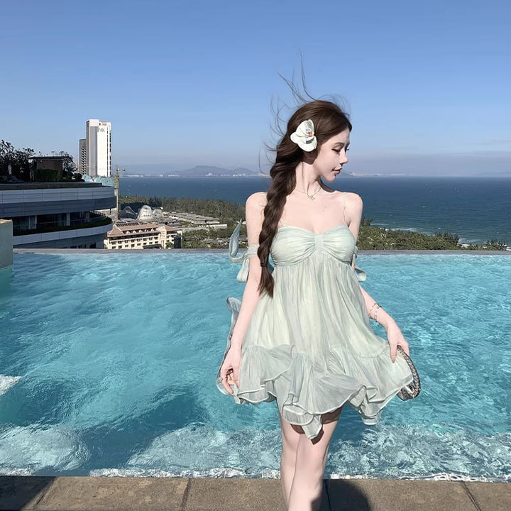 【dress】リボン付きフリルミニワンピース Q8405