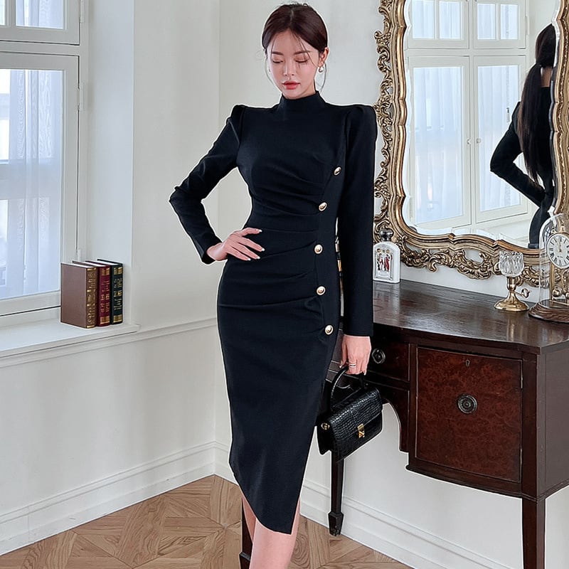 【dress】ボタンデザインスリットワンピース　M18239