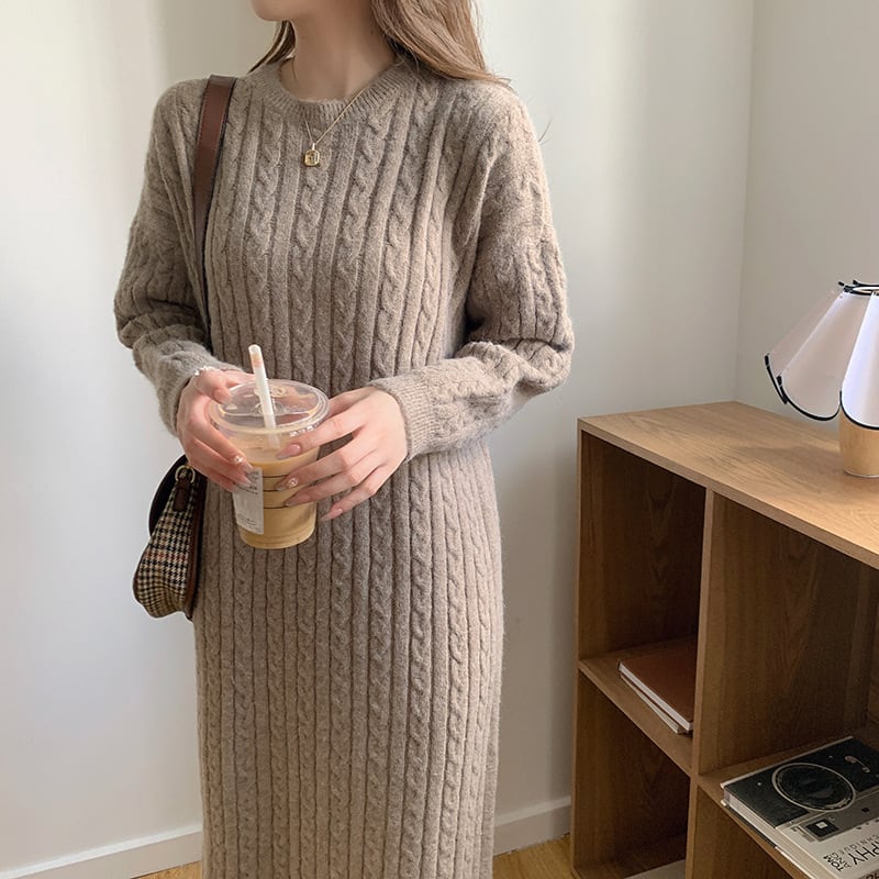 【dress】韓国系無地ニットワンピース着心地良い　M17658