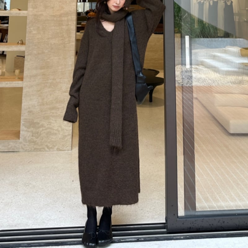 【dress】ニットワンピースマフラー付き　M27026