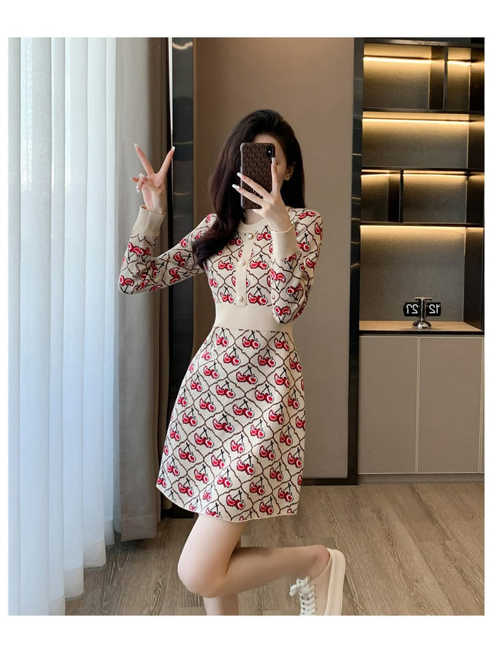 【dress】チェリー柄ニットワンピース　N2032