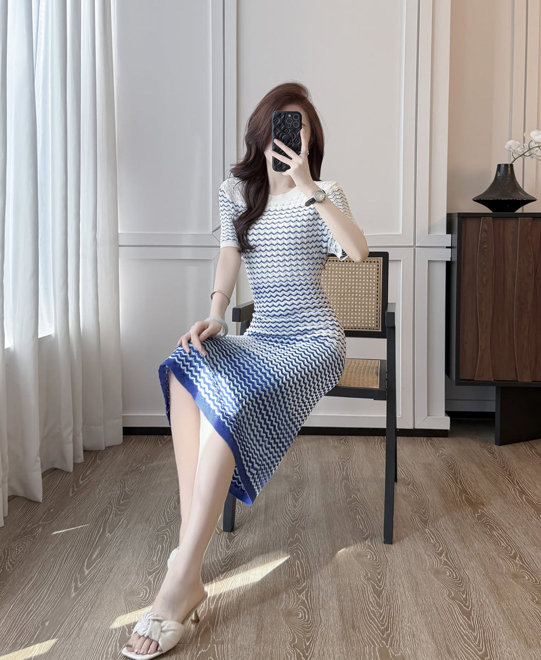 【dress】ウェーブ柄半袖ニットワンピース Q8489