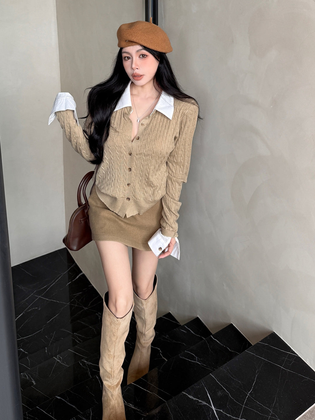 【tops】シャツネックフェイクレイヤードニットトップス Q9186