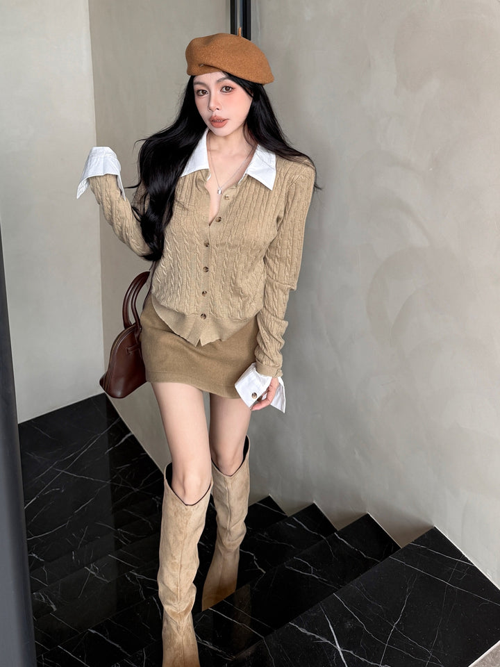 【tops】シャツネックフェイクレイヤードニットトップス Q9186
