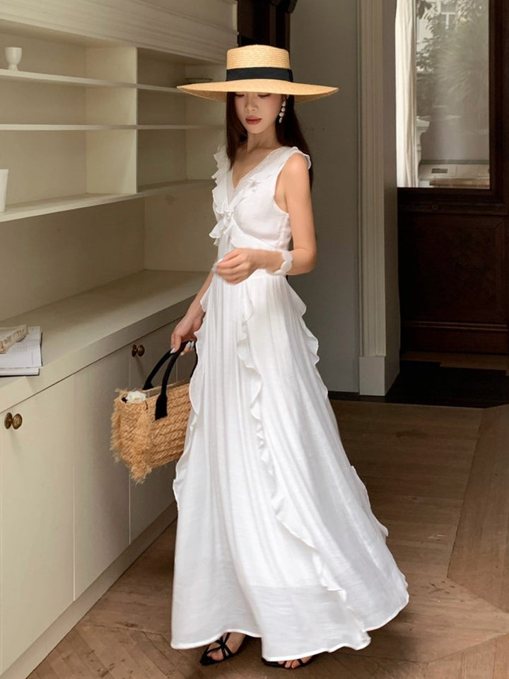 【dress】ノースリーブレースドッキングロングワンピース Q8657