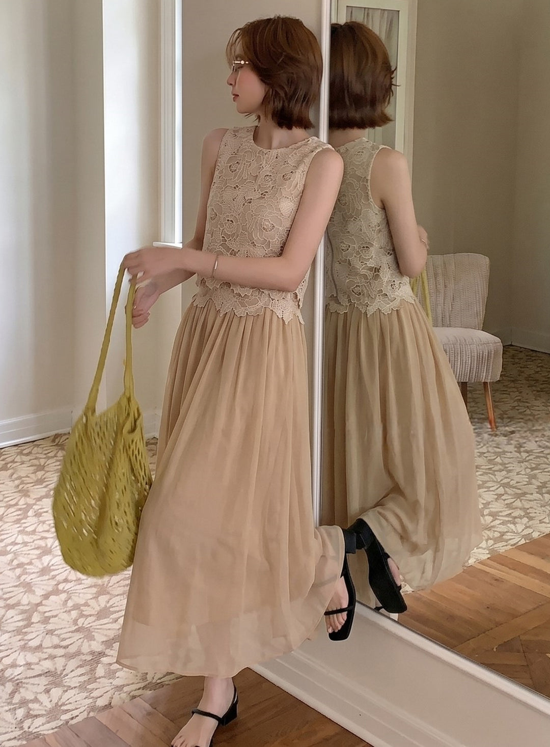 【set】ノースリーブレーストップス×ロングスカートセット Q8699
