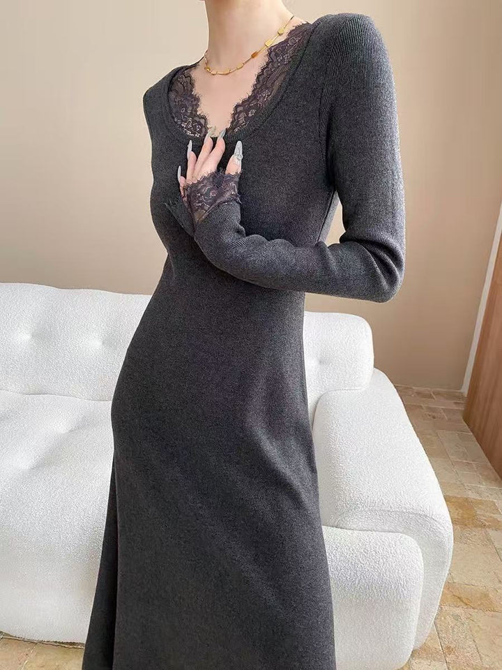 【dress】レースドッキングニットワンピース  K0658