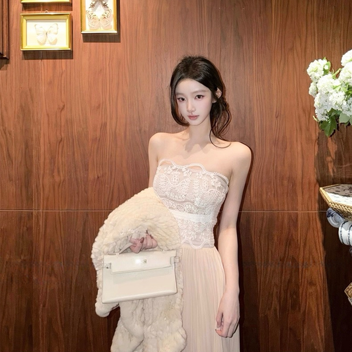 【dress】レースドッキングプリーツロングワンピース N3526