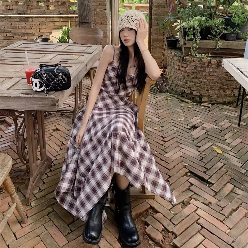 【dress】チェック柄イレヘムキャミワンピース Q8271