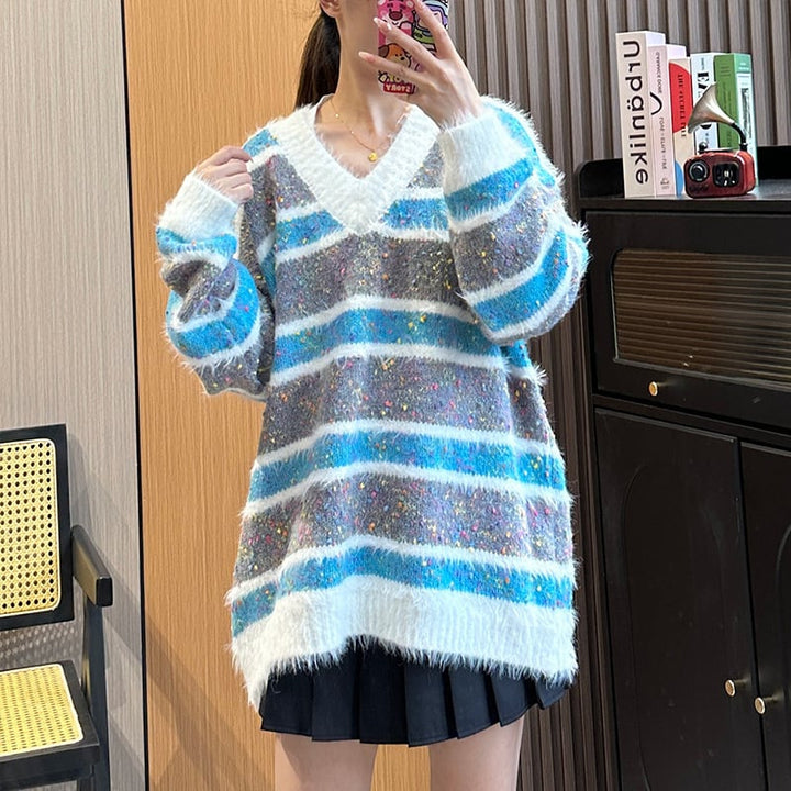 【tops】ボーダー柄Vネックニットセーター　M18049