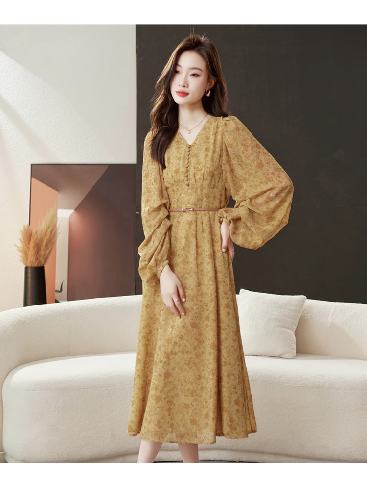 【dress】輝いて超人気 ! Vネック花柄ワンピースベルト付き　M17029