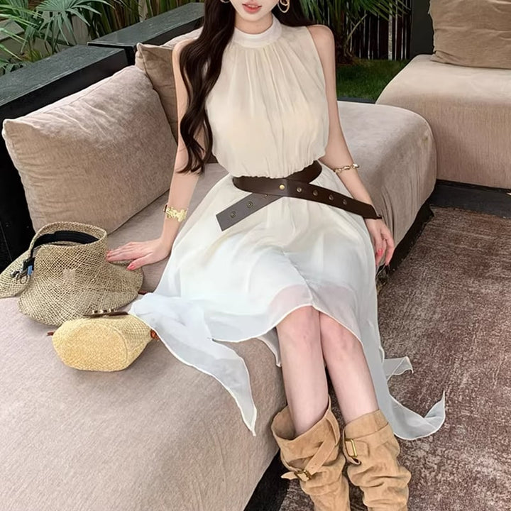 【dress】ベルト付きノースリーブシフォンイレヘムワンピース Q8263