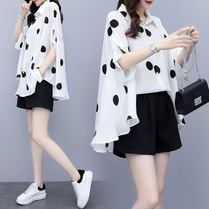 【set】目立つ！2点セットドット柄シャツトップス+ショートパンツ　M16818