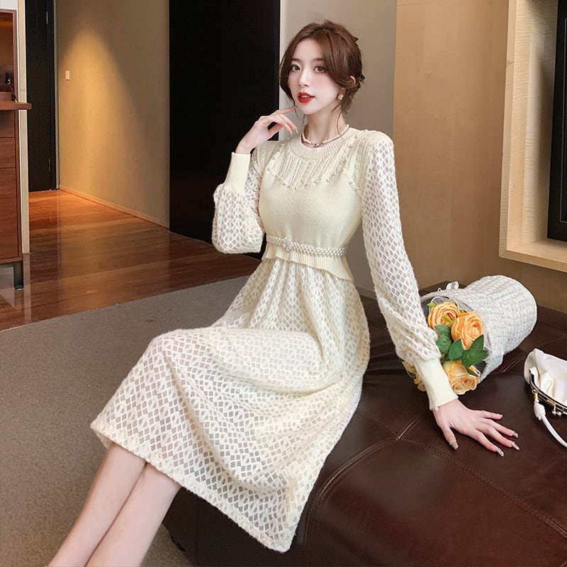 【dress】レースドッキングニットワンピース　M18431