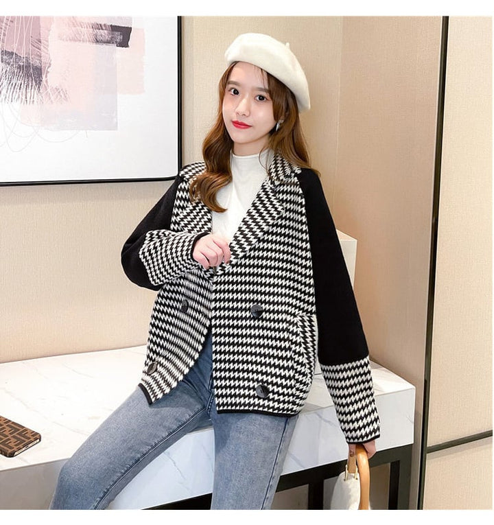 【outer】千鳥格子ドッキングニットコート　M18143