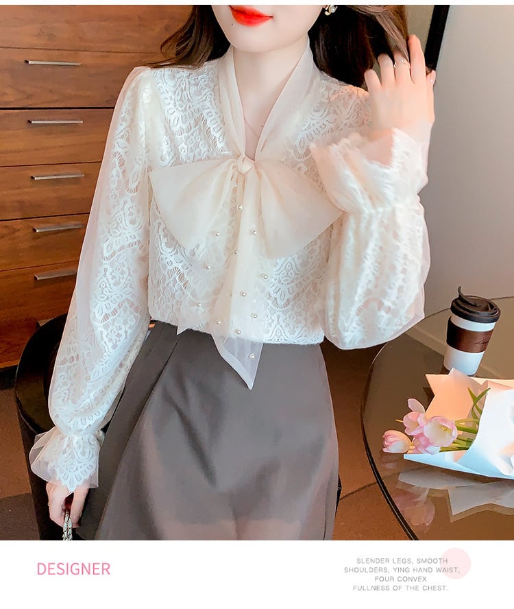 【tops】リボン付きレースシャツトップス　M18251