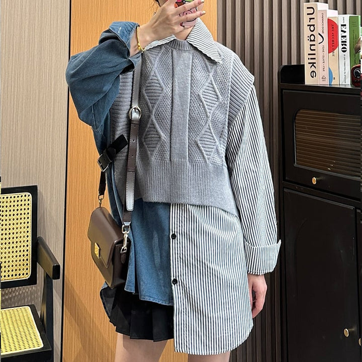 【set】デニム切り替えシャツ+ニットベストセット　M17829