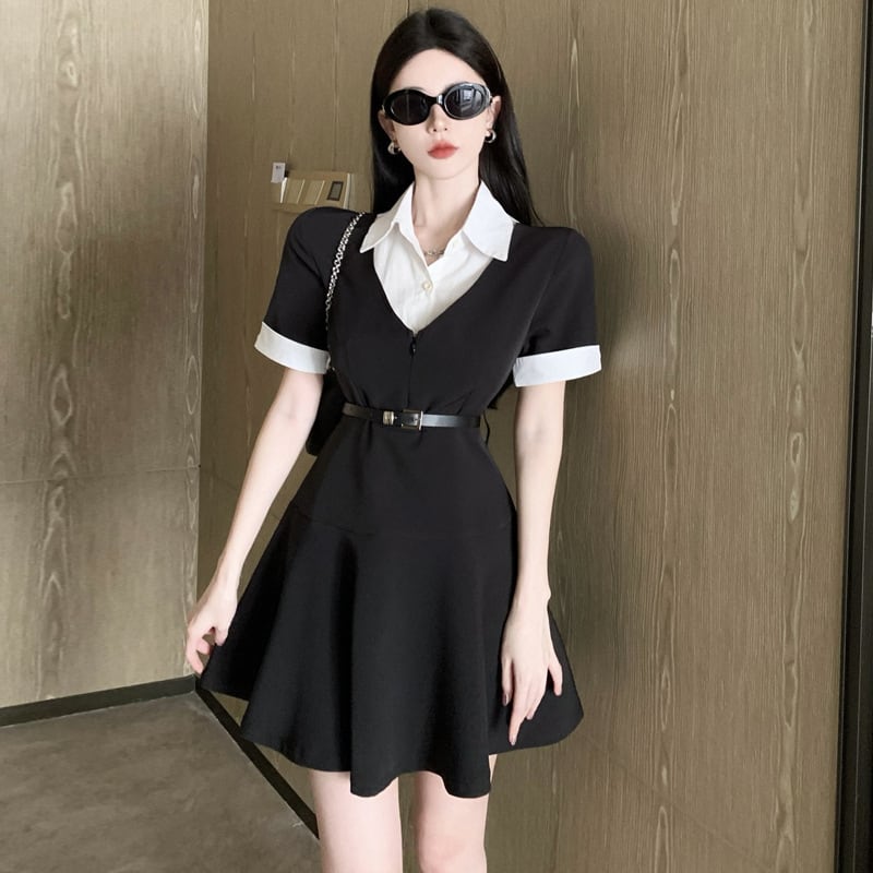 【dress】POLOネック切り替えワンピースベルト付き　M17173