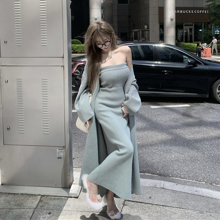 【set】ロング丈カーディガン×ベアトップワンピースセット　N2799