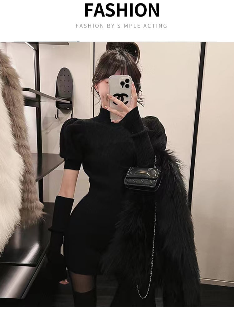 【dress】アームカバー付き無地ニットワンピース　M17718