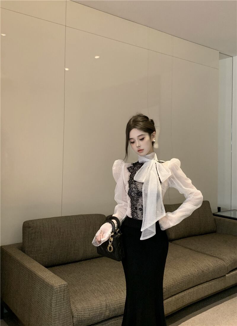 【tops】レース切り替リボン付きシャツトップス　M27164