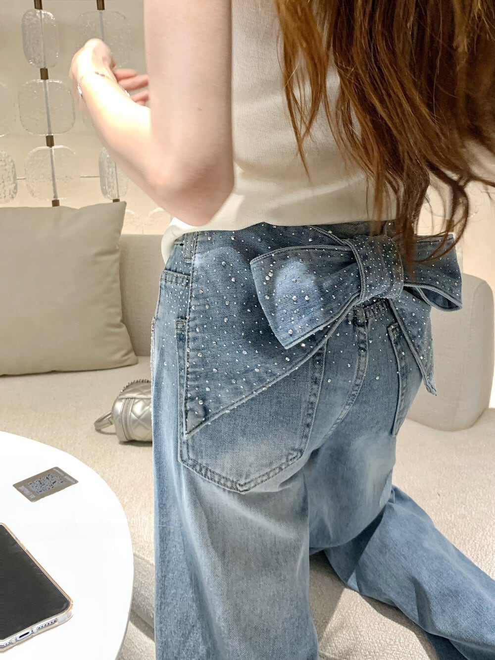 【bottoms】スパンコール付きバックリボンデニムパンツ　N3544