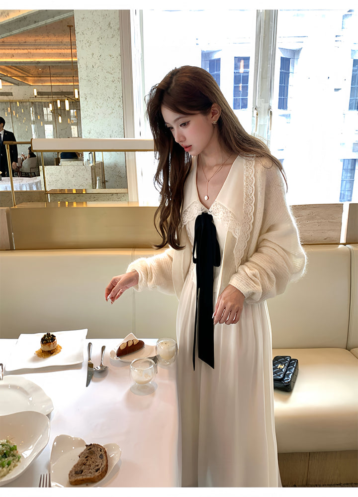 【dress】ビッグリボンレースドッキングロングワンピース　N3316