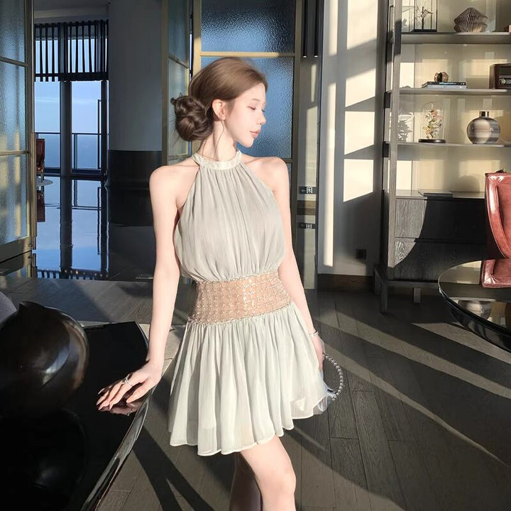 【dress】ビーズ付きノースリーブチュールミニワンピース Q8406