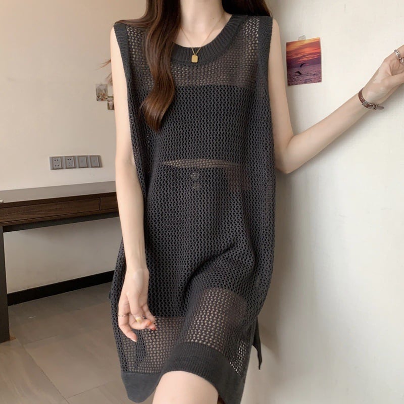 【tops】透け感ロングニットベスト Q8236