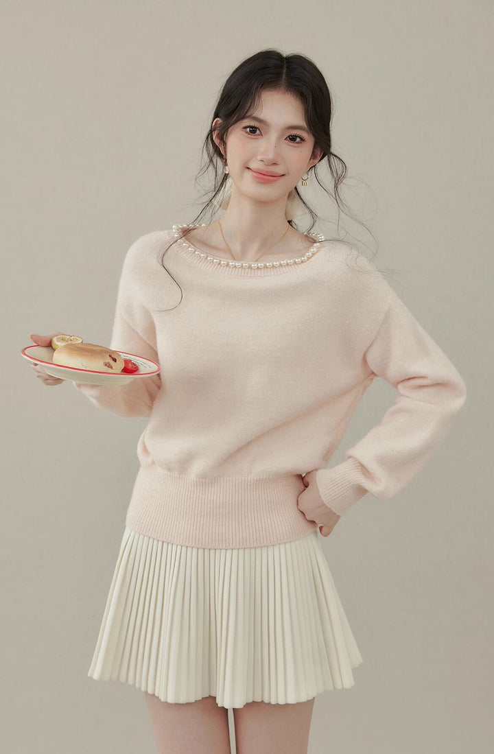 【tops】パール付きニットトップス Q7593