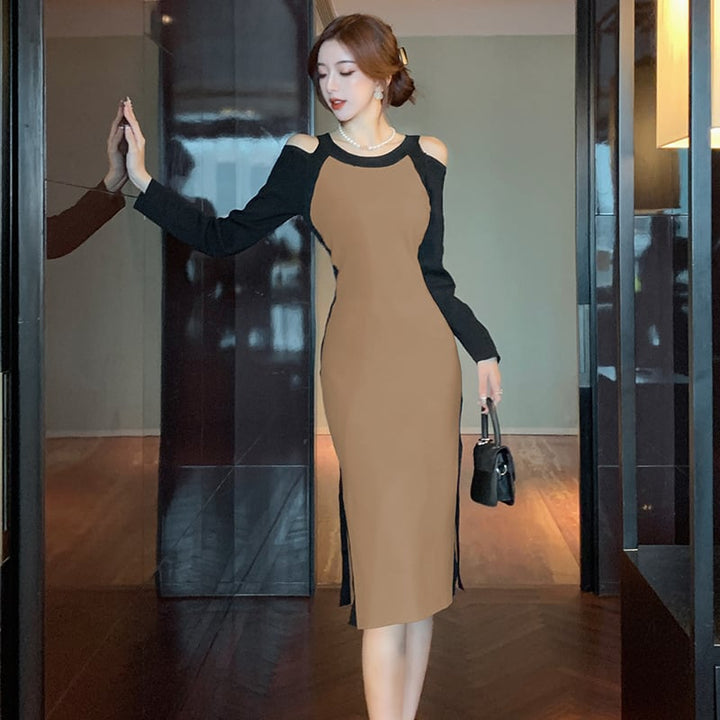 【dress】オフショルダースリットニットワンピース　M17920