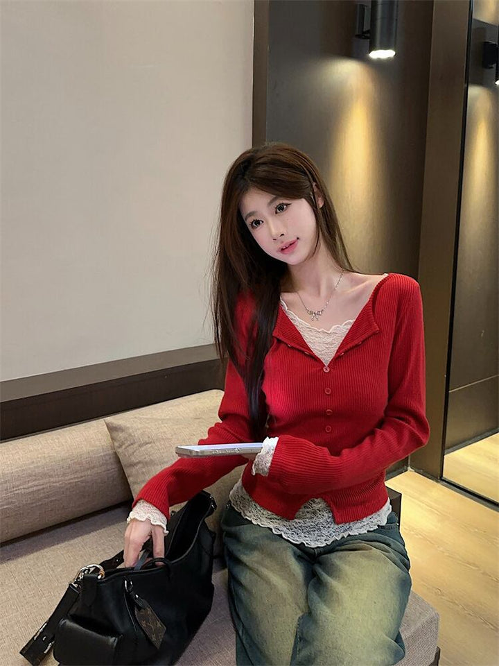 【【tops】レースドッキングニットトップス　M28831
