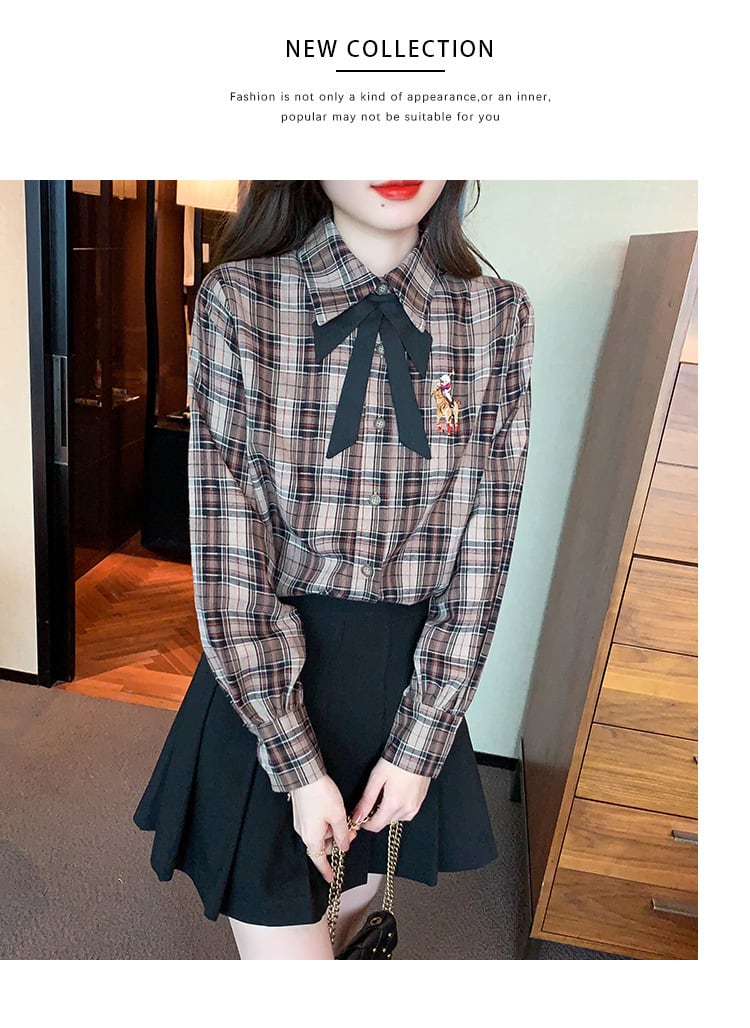 【tops】気質満点大人可愛いリボン付きチェック柄シャツ　M17329