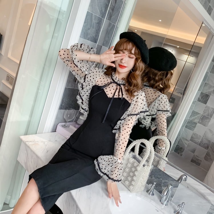 【dress】ドット柄ドッキングフリルワンピース　M18319