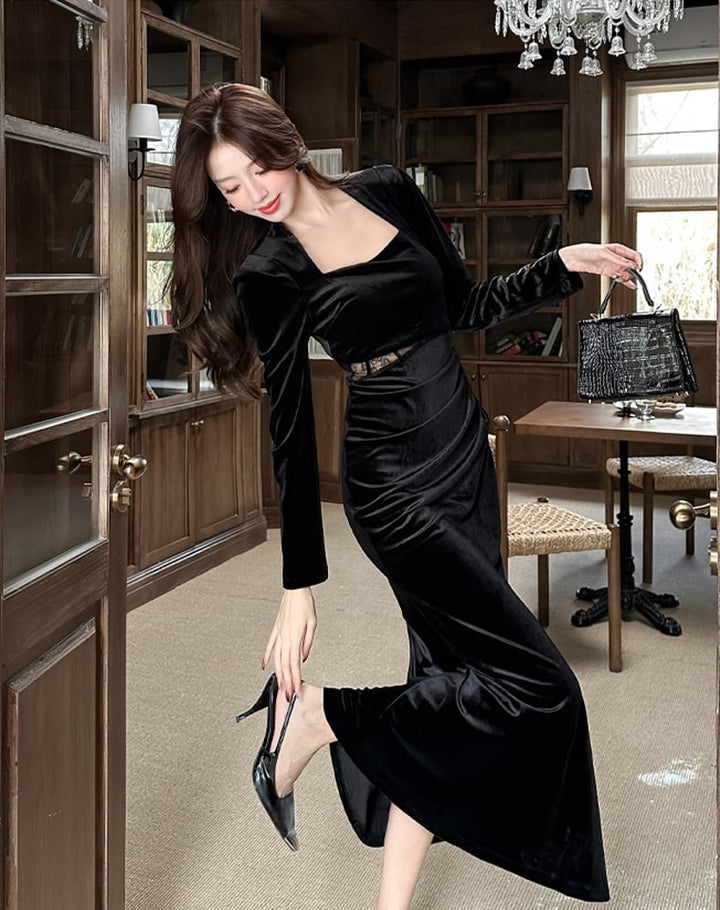 【dress】スクエアネックレースドッキングロングワンピース Q7286