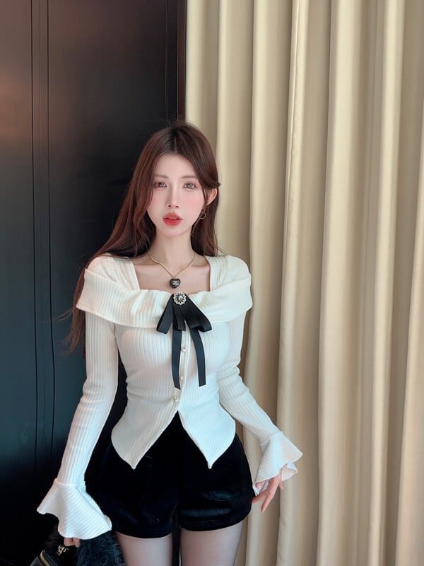 【tops】リボン付きニットトップス　M27285