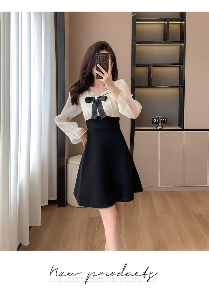 【dress】リボン付き切り替えデートワンピースオシャレ　M17575