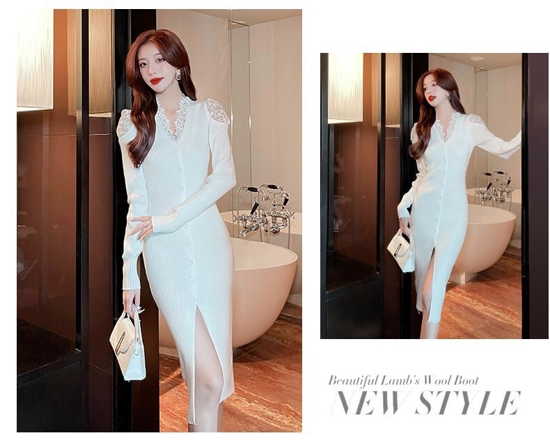 【dress】韓国系レース切り替えニットワンピース　M17631