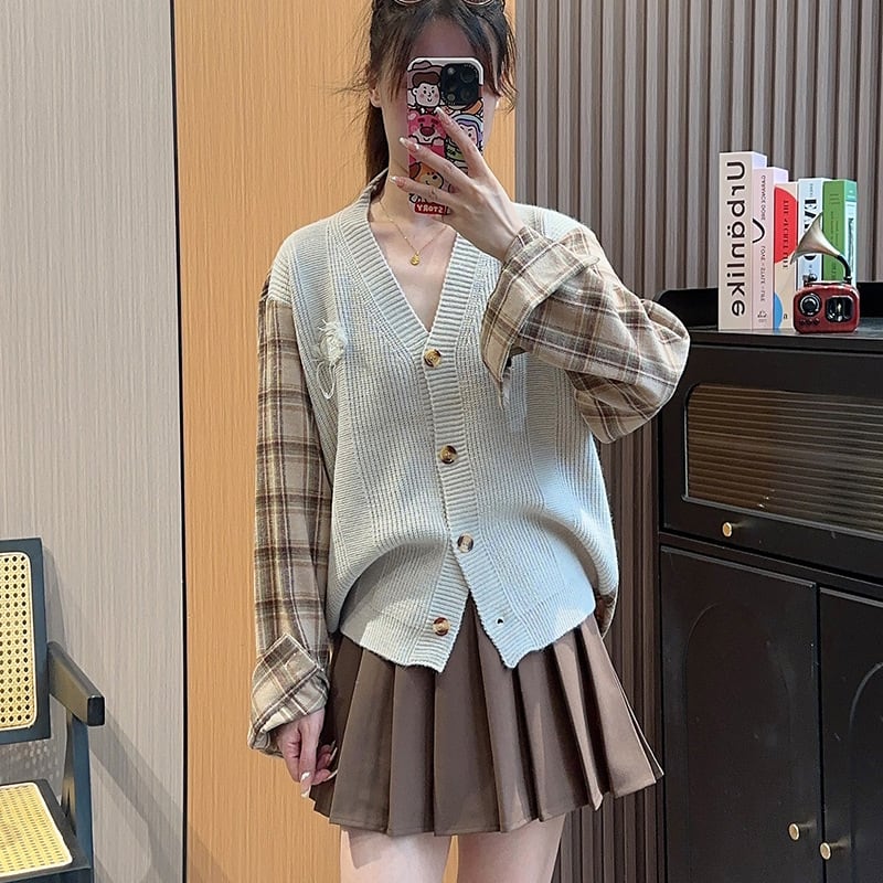 【outer】チェック柄ドッキングニットカーデ　M18045