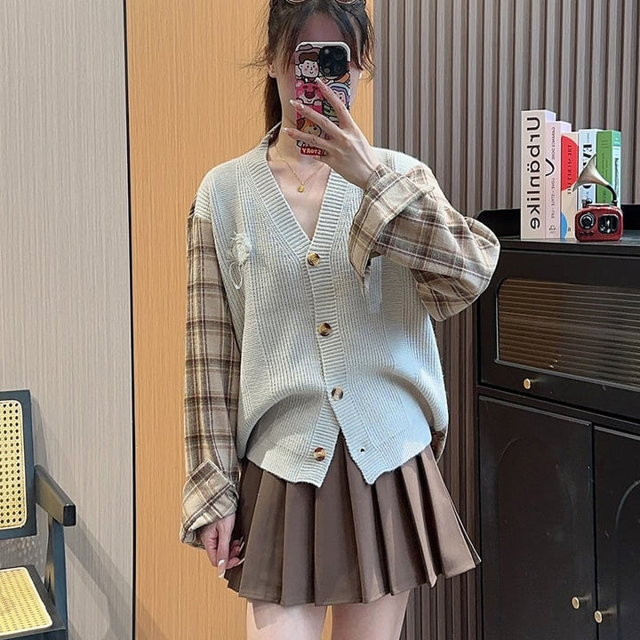 【outer】チェック柄ドッキングニットカーデ　M18045