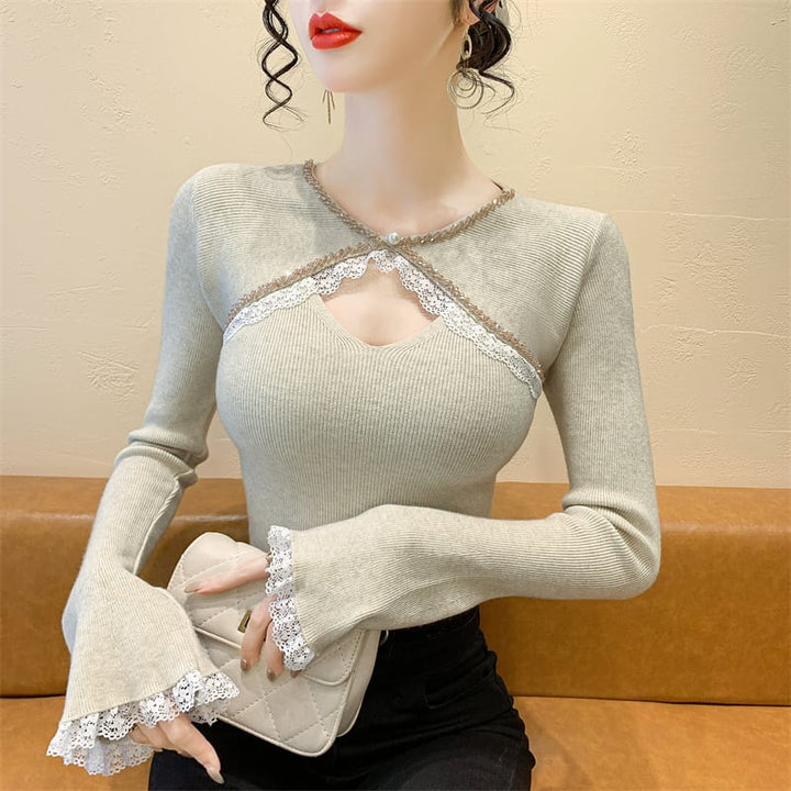 【tops】ビジューレース切り替えニットトップス　M27966
