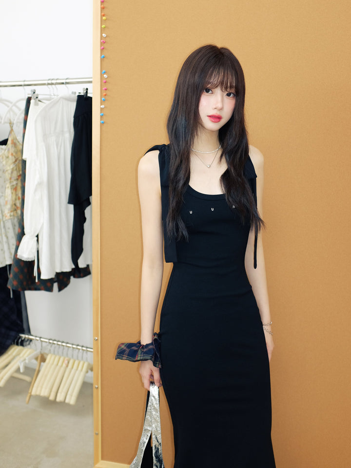 【dress】ショルダーリボンシェイプリブカットロングワンピース　N3520