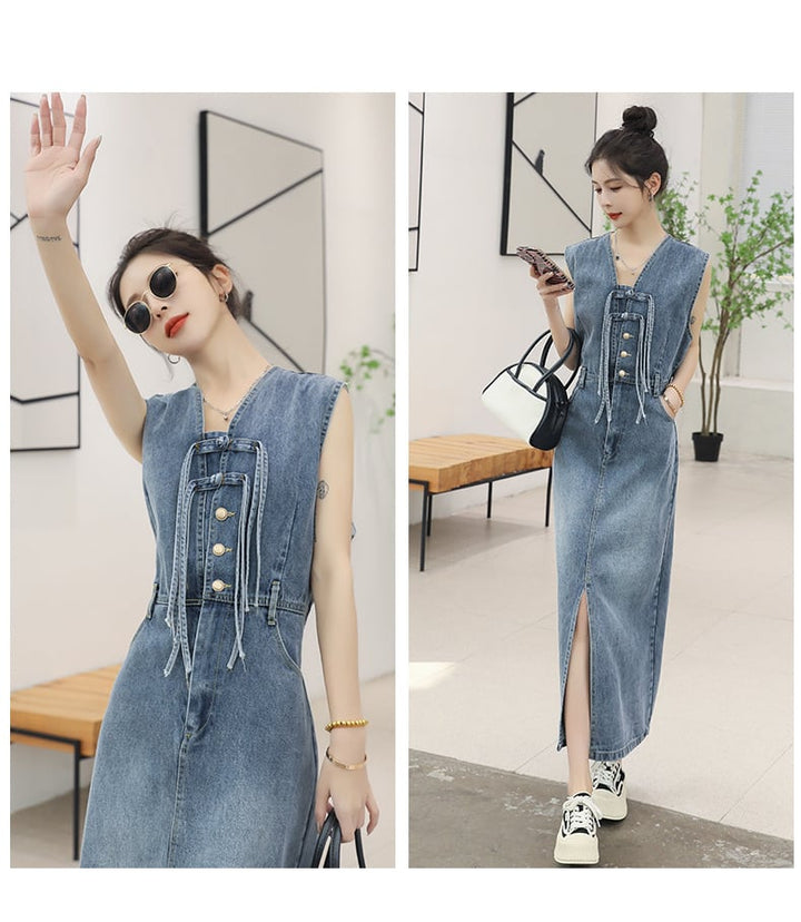 【dress】絶対流行ファッションノースリーブデニムワンピース　M16834